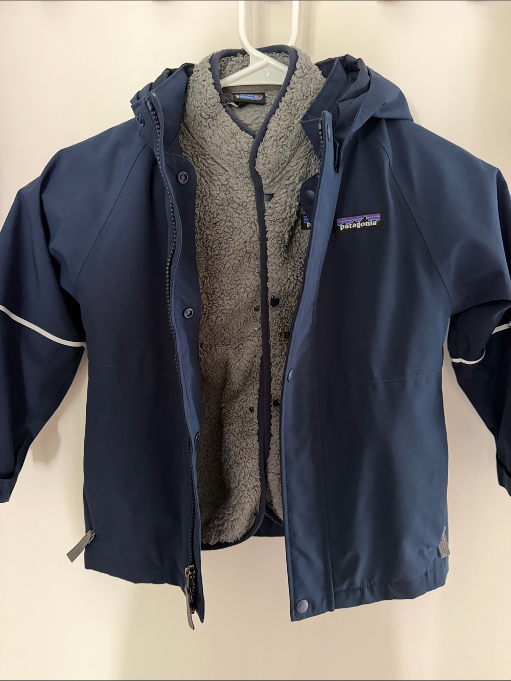 Patagonia Kids Navy Blue Puffer Jacket with Gray Fleece Liner